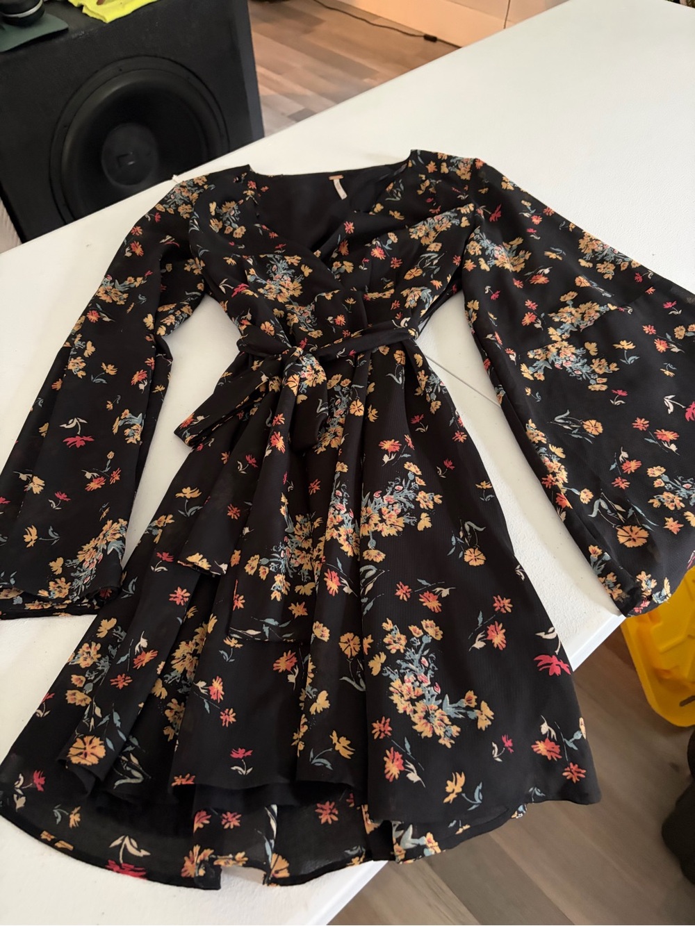 Free People Floral Wrap Mini Dress - Black with Multicolor Floral. XS